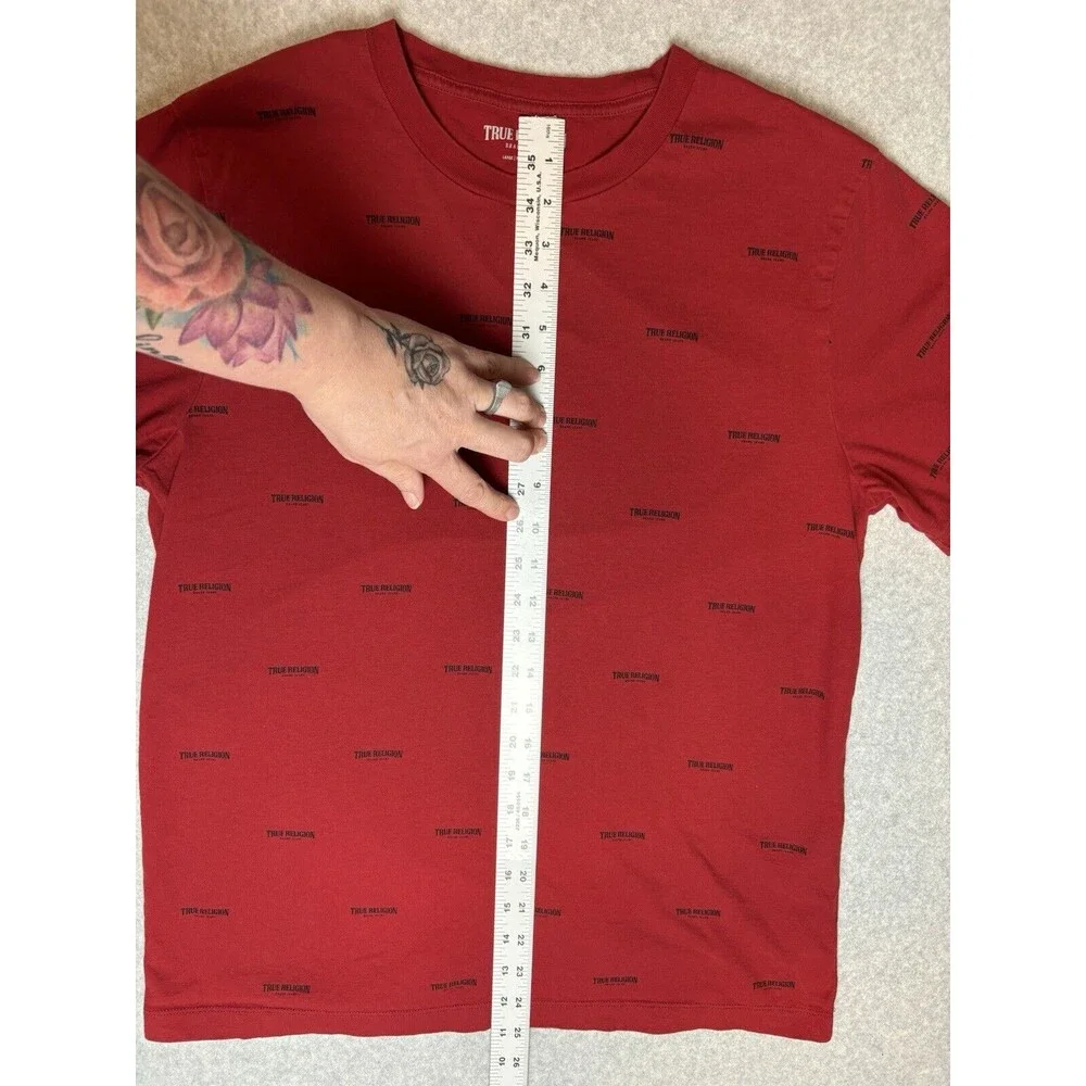 True Religion Mens Shirt All Over Print Red Crew Neck 100% Cotton Size Large‎